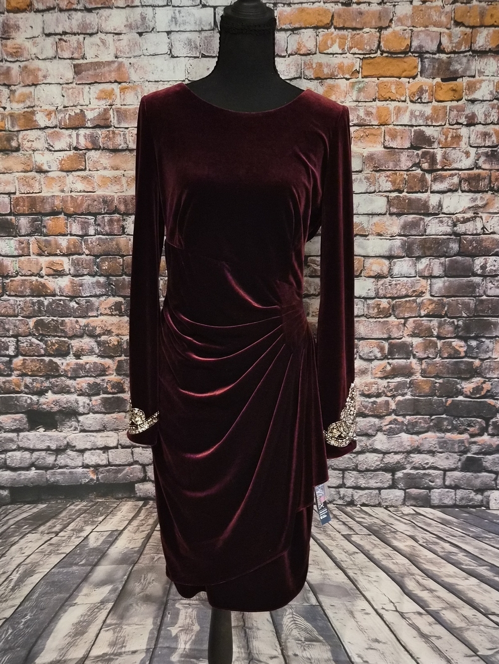 Alex Evenings Deep Burgundy Velvet Long Sleeve Dress with Beaded Cuffs